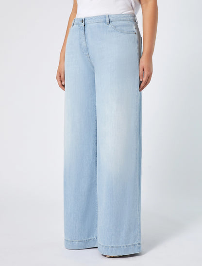 Close-up of front waist and pockets of AGORA light blue denim jeans