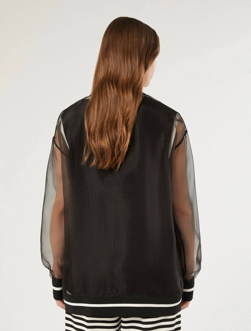 Back view of SAMO organza cardigan with knitted trim in black from Persona by Marina Rinaldi collection