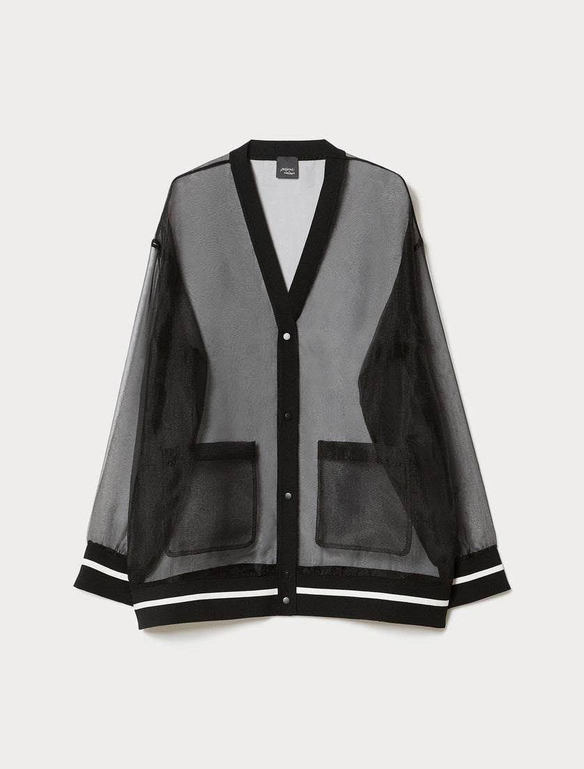 SAMO organza cardigan with knitted trim black sheer fabric V-neck pockets long sleeves