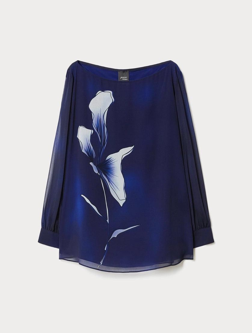 Straight-cut georgette blouse with exclusive floral print and long gathered sleeves in navy blue