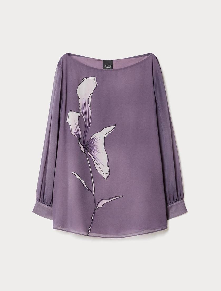 Straight-cut georgette blouse with floral print and long gathered sleeves in purple tone