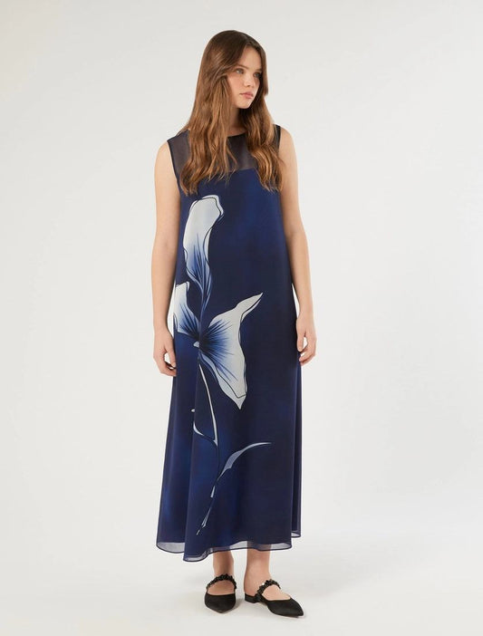 ENFASI Flared Georgette Dress with floral print and lightweight fabric, featuring a round neckline and flared silhouette