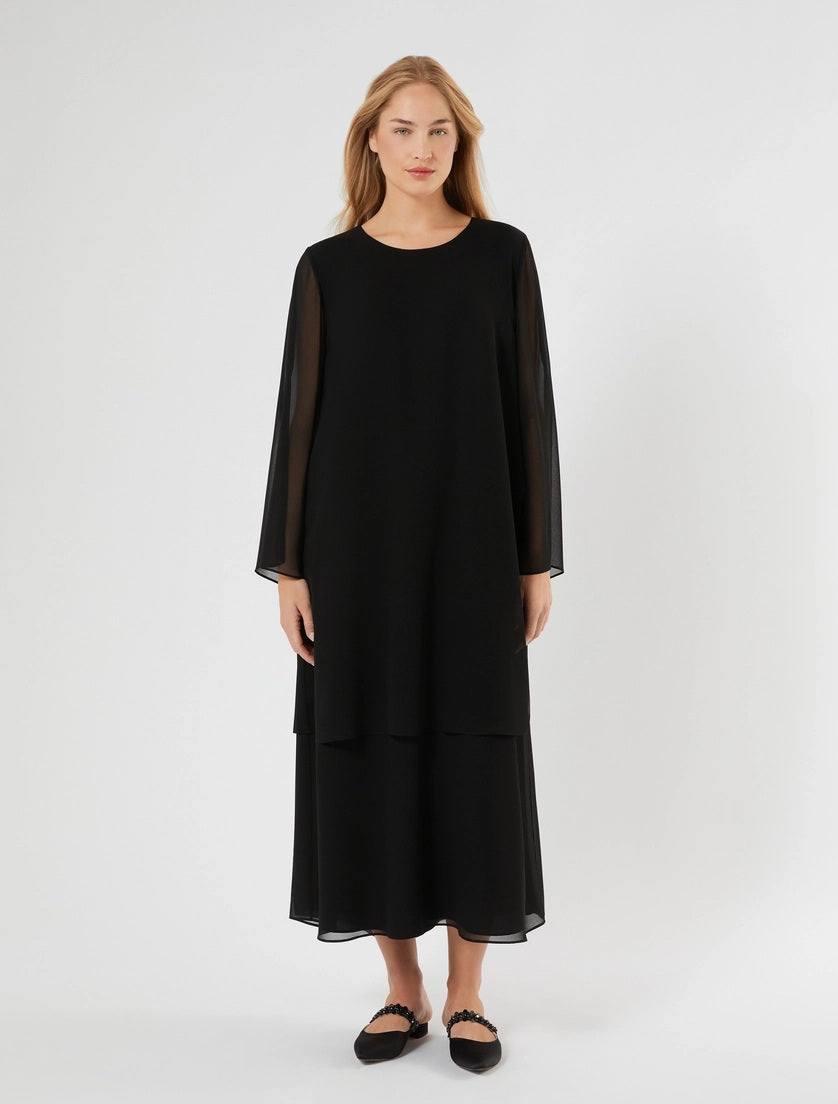 Elegant black plus size long dress in lightweight georgette with double layer and slit sleeves