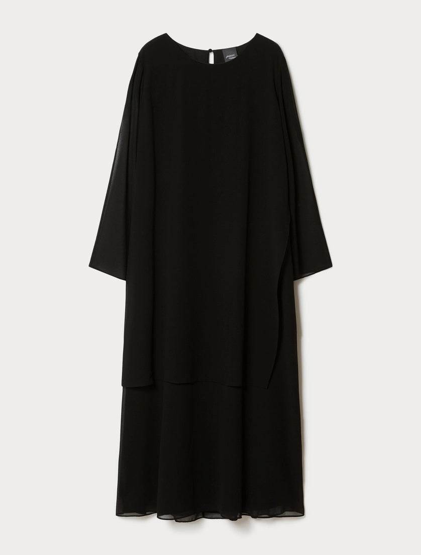 Black plus size long dress in lightweight georgette with 3/4 slit sleeves and double-layer design