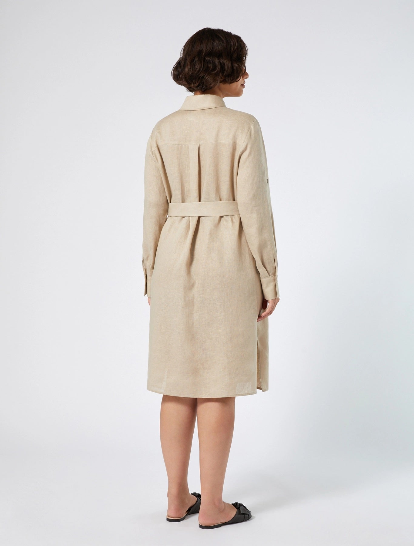  PEDALE beige linen dress with inverted pleat and long sleeves