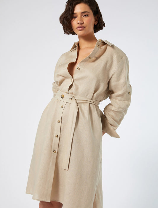 Close-up of topstitching on beige shirt dress by Persona by Marina Rinaldi