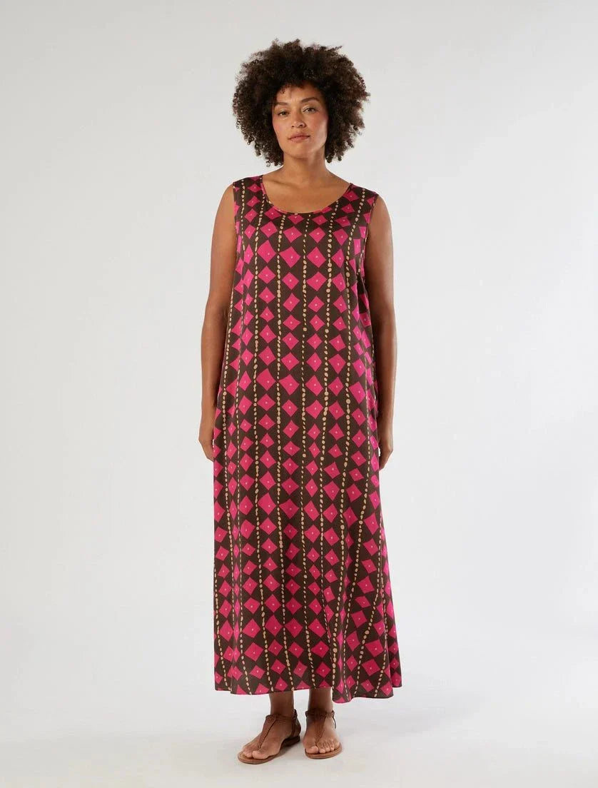 PLATANI Viscose Satin printed fluid maxi dress with relaxed silhouette and graphic design