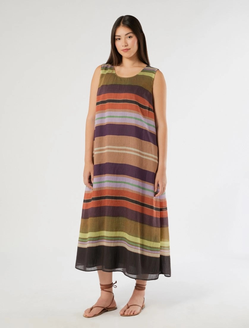 VICARIO striped Tencel dress in lightweight multicolor stripe fabric with sleeveless flared silhouette and breathable lyocell blend for summer elegance