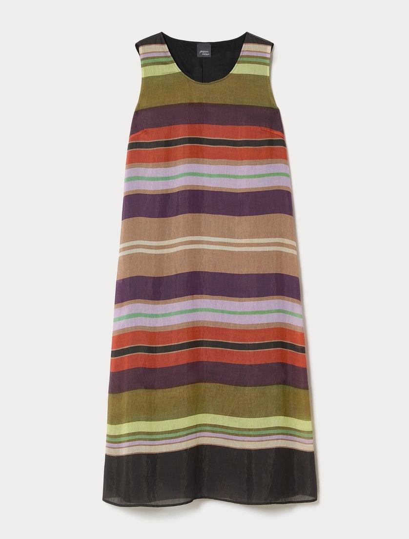 VICARIO striped Tencel dress with multicolor stripes, sleeveless flared design, lightweight breathable fabric for summer elegance