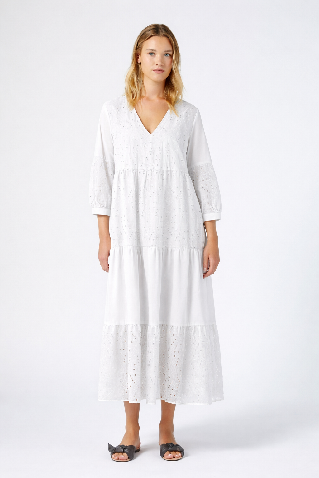 ONTANO Broderie Anglaise cotton dress with flounced tiers and V-neckline from Persona by Marina Rinaldi
