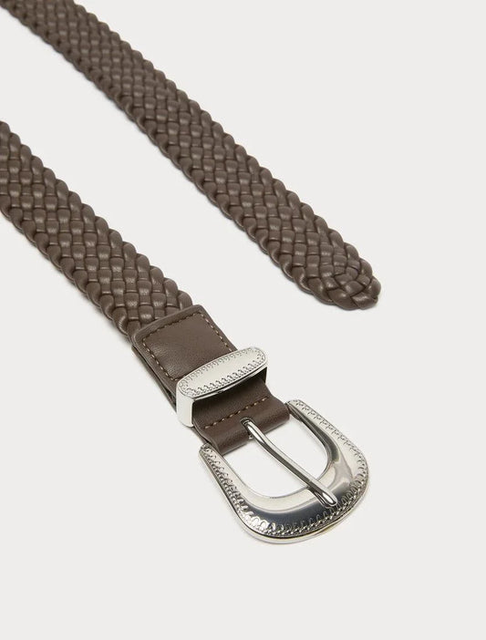 CLASSE woven belt with textured design and metal buckle in neutral tone for versatile styling
