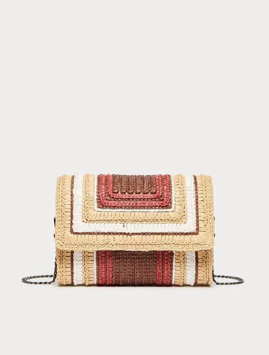 OLIVETO raffia clutch bag with multicolour woven pattern and metal chain strap for summer style