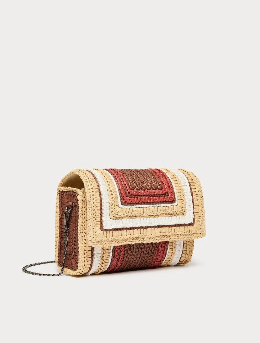 OLIVETO raffia clutch bag with woven multicolour pattern and metal chain strap for summer style