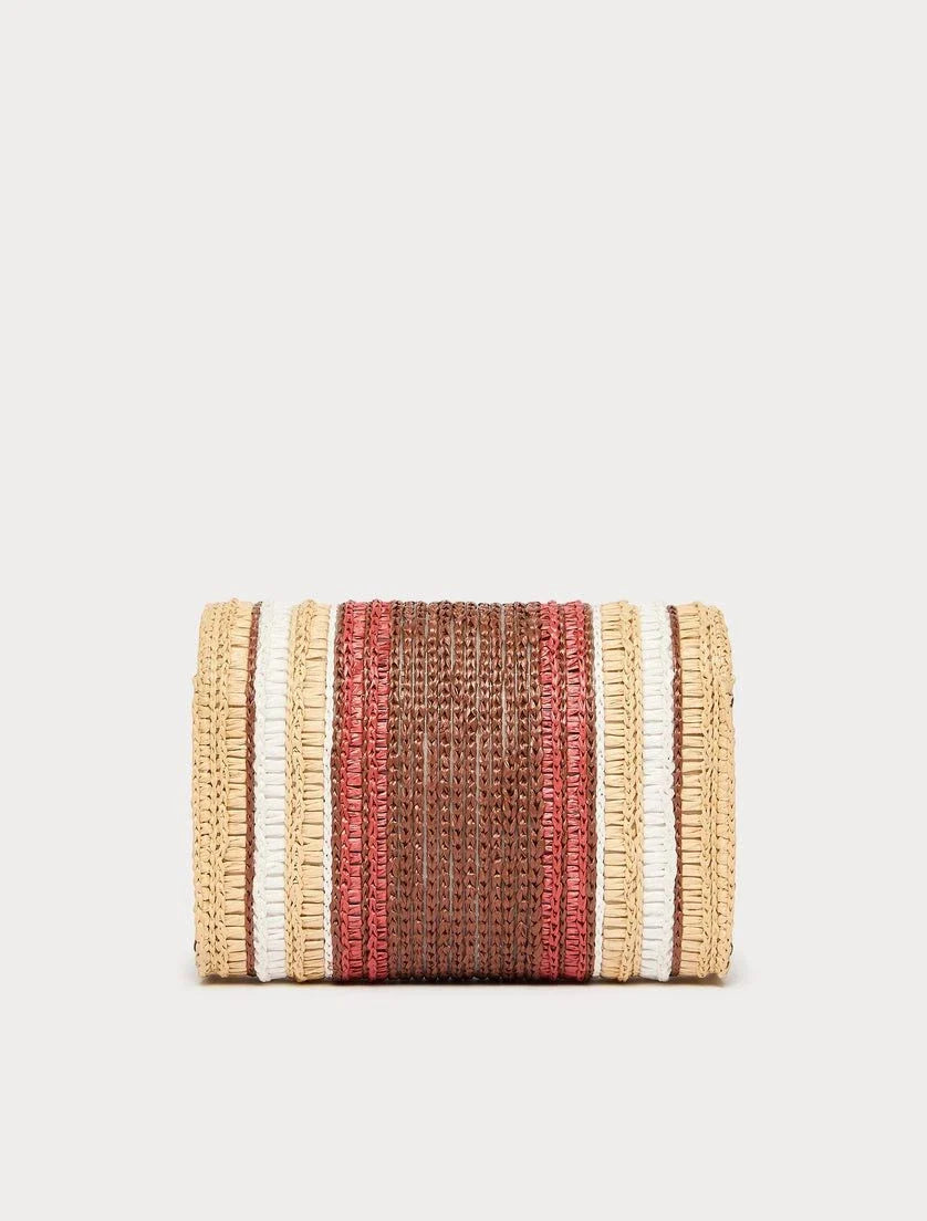 OLIVETO raffia clutch bag with metal chain strap and multicolour woven pattern