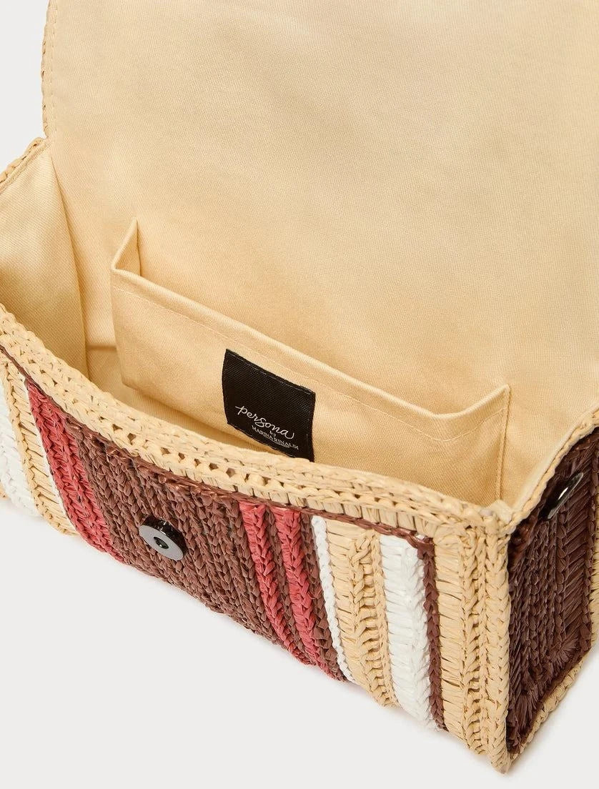 OLIVETO raffia clutch bag with multicolor woven pattern and metal chain strap