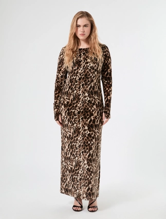 Plus size long printed tulle dress with animal print and long glove sleeves by Persona by Marina Rinaldi x Elettra Lamborghini