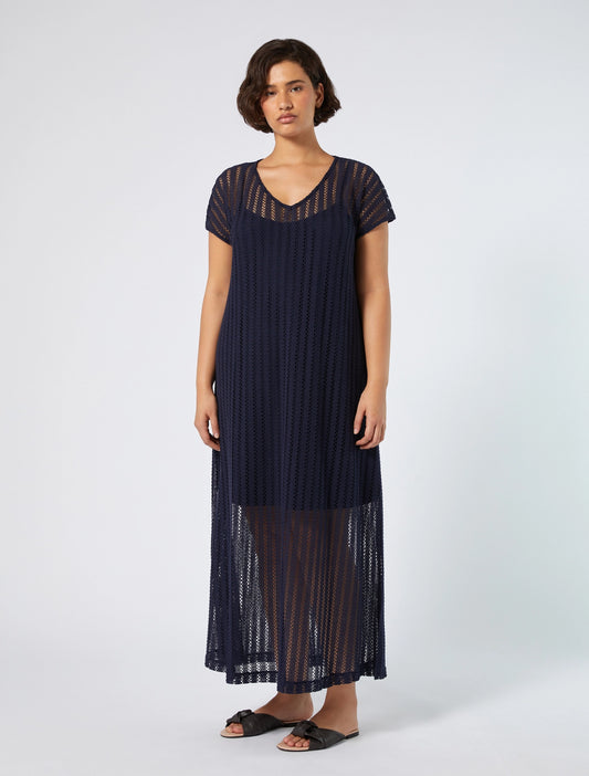  Navy crochet-knit midi dress with short sleeves and slip