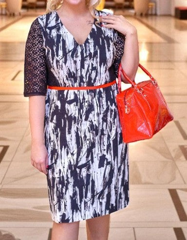 Dama floral dress with lace sleeves and red belt — Persona by Marina Rinaldi