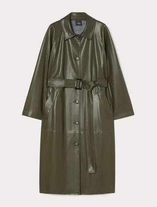 Persona by Marina Rinaldi olive coated jersey plus size trench coat with belt and horn-look buttons