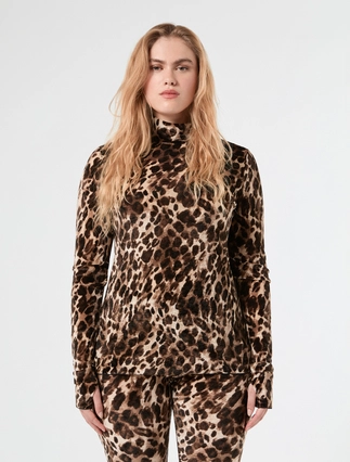Persona by Marina Rinaldi animal print tulle mock polo-neck top with long glove sleeves and thumbhole cut-outs