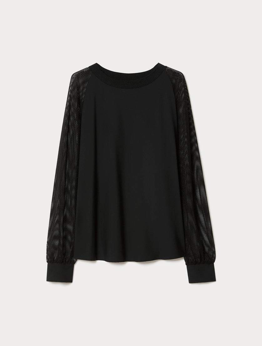 FRONDA Mesh Sleeve Jersey Top with sheer long mesh sleeves and raw-cut hem in fluid jersey fabric