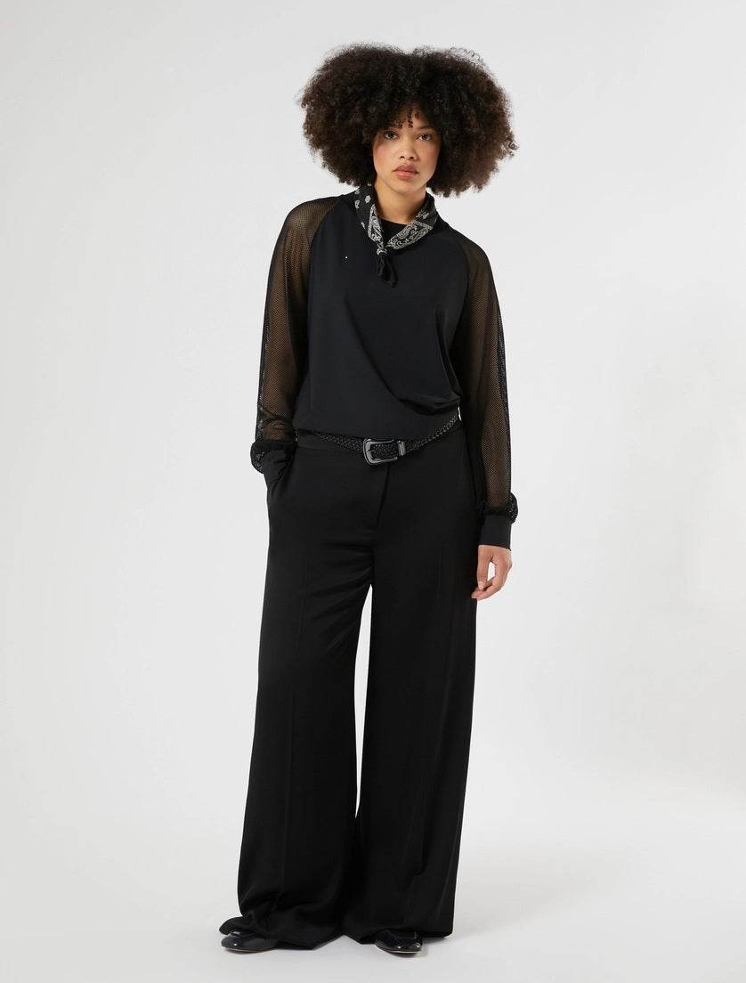 FRONDA Mesh Sleeve Jersey Top with sheer long sleeves and raw-cut hem in fluid jersey fabric