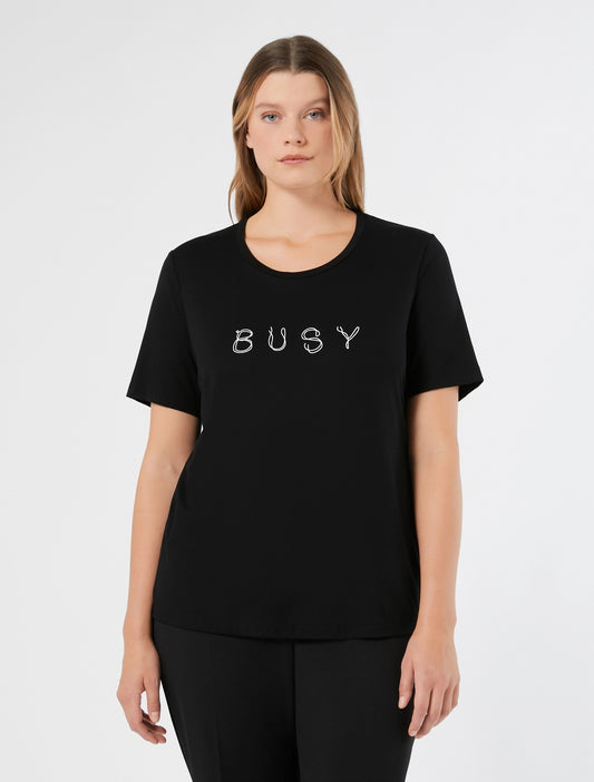 Front view of black ALBI T-shirt with "BUSY" print – Persona by Marina Rinaldi