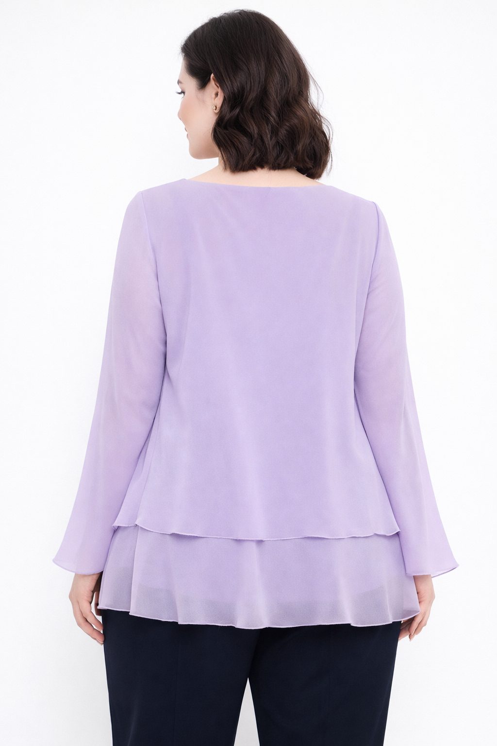 Plus size Blouse BINARIO in luxurious georgette with layered ruffle hem and flared cuffs