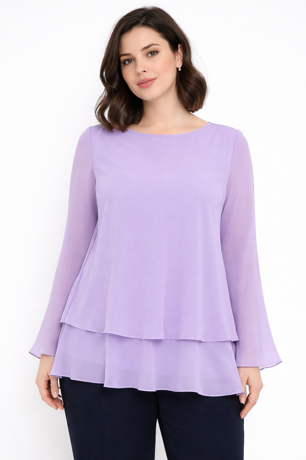 Plus size Blouse BINARIO with layered ruffles and flared cuffs in lightweight georgette fabric