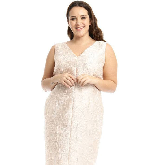 DIAMETRO crepe sheath dress in crinkled silk with botanical jacquard and V-neckline
