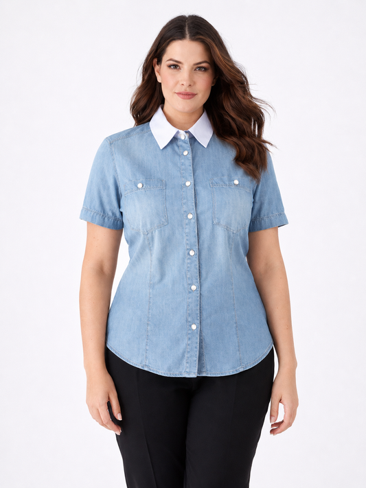 GASTRO denim shirt with contrast collar and pearl buttons in fitted silhouette