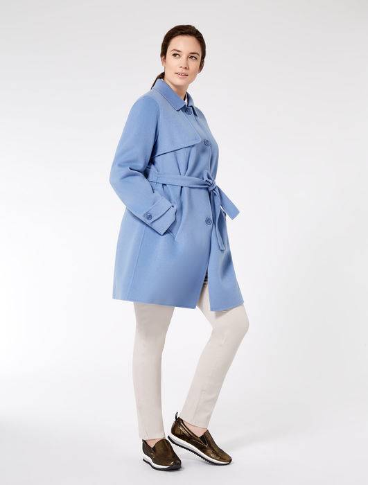 Light blue NADIR wool blend coat with straight silhouette and waist belt by Marina Sport