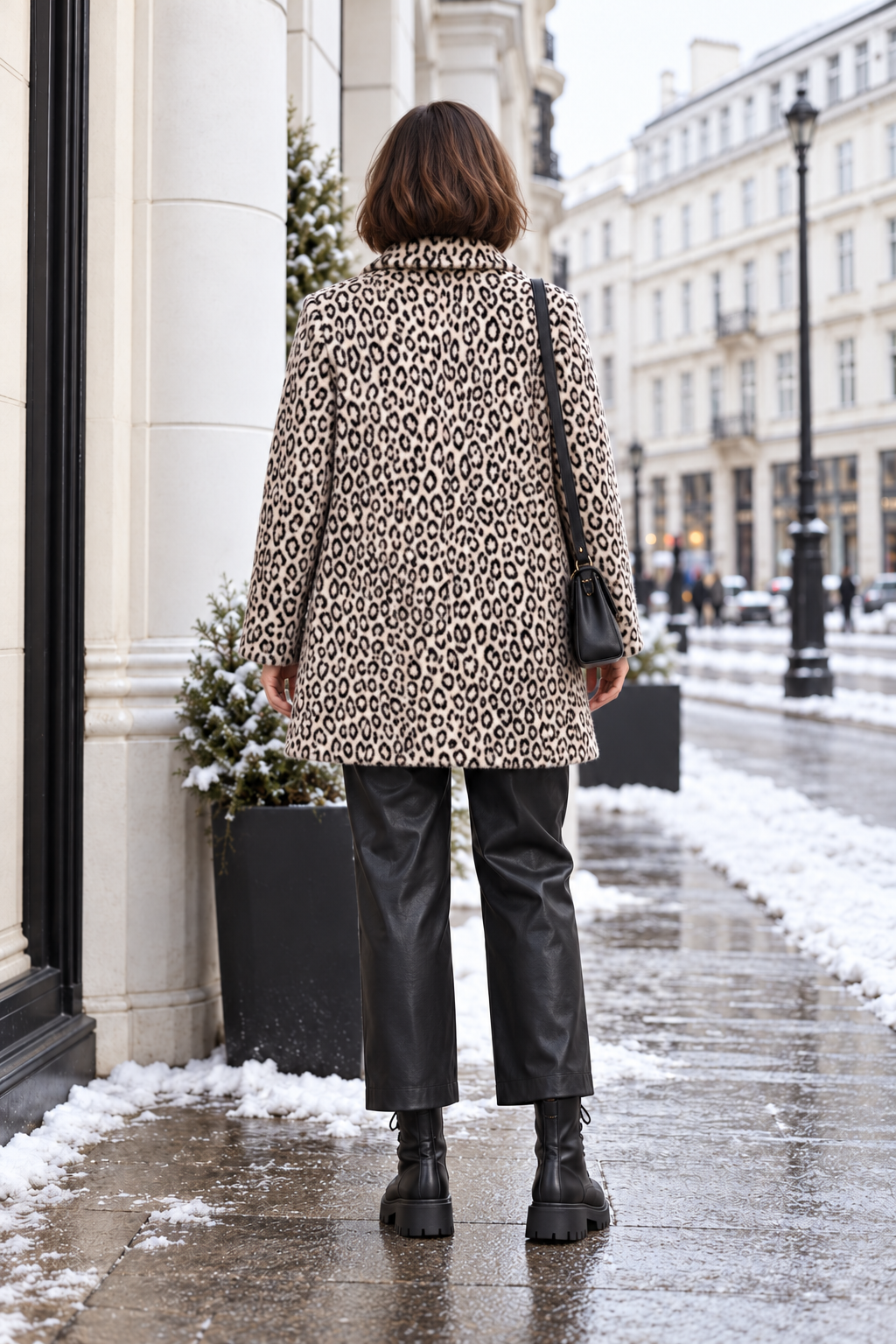 Marina Rinaldi ORLO short coat in cream and black leopard print faux fur, with a collar and straight silhouette.