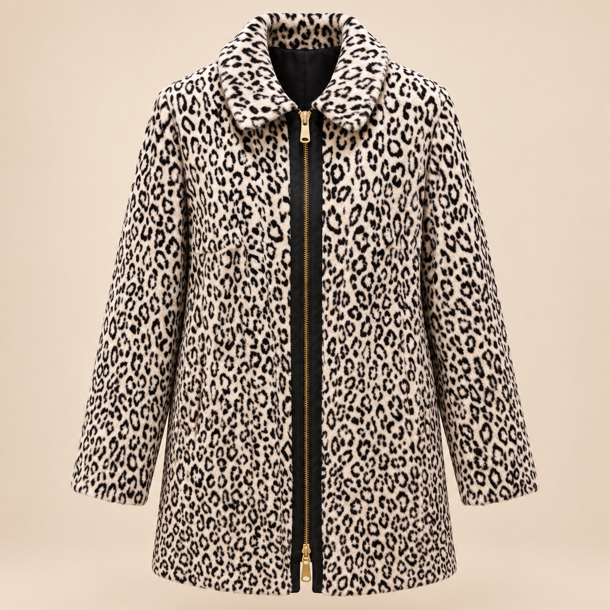 Marina Rinaldi ORLO short faux fur coat in cream and black leopard print, with a wide collar and front zip fastening.