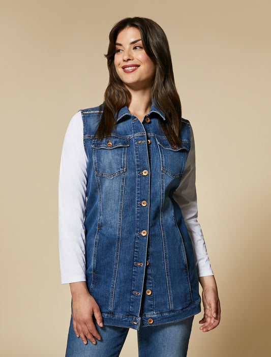 GABBIATE denim vest by Marina Rinaldi with rhinestone shoulders and back belt – front and back view