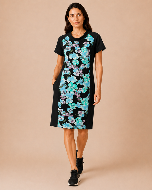 DELTA dress by Persona by Marina Rinaldi, classic sheath with floral front panel and solid back, short sleeves, round neckline, 100% cotton
