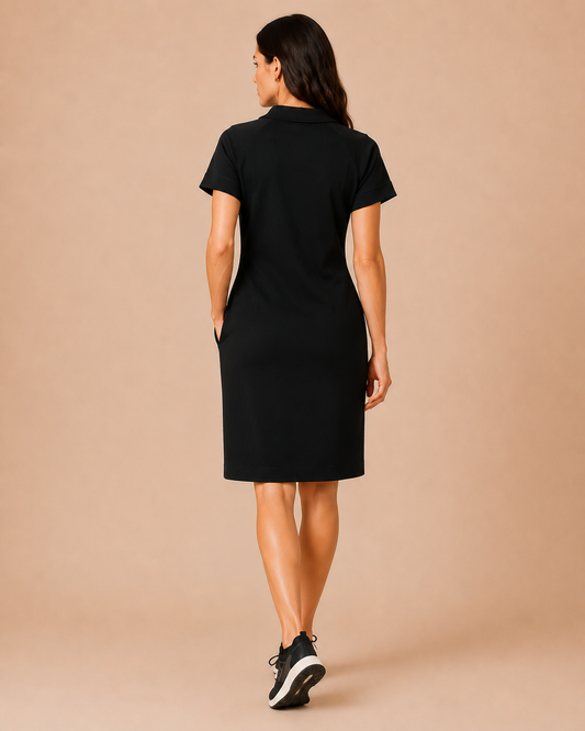 DELTA dress by Persona by Marina Rinaldi, classic sheath silhouette with floral front panel and solid back, short sleeves, round neckline, 100% cotton.