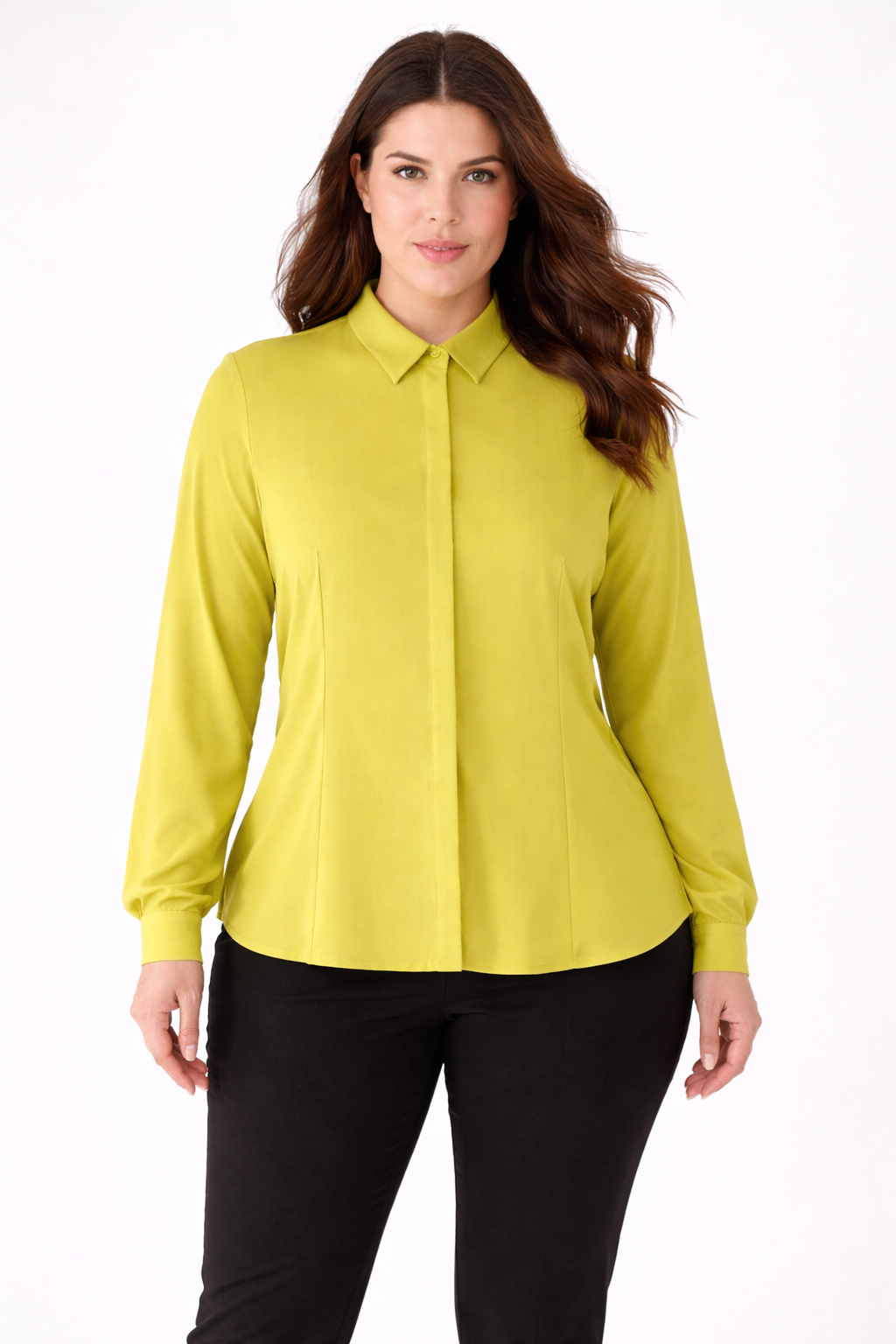BAUTA fitted blouse with classic collar, concealed buttons, long cuffed sleeves, and tailored silhouette