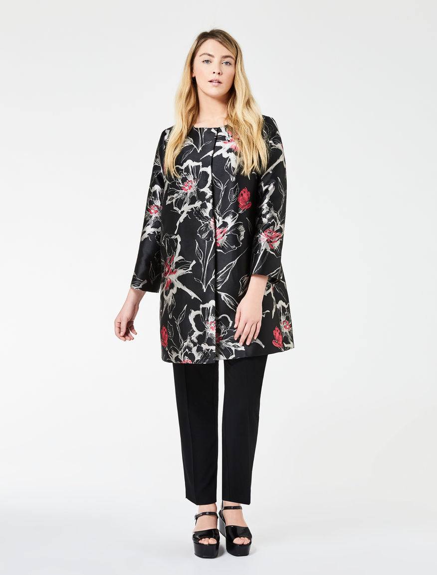 NOEMI brocade coat in black floral fabric with straight silhouette and round neckline