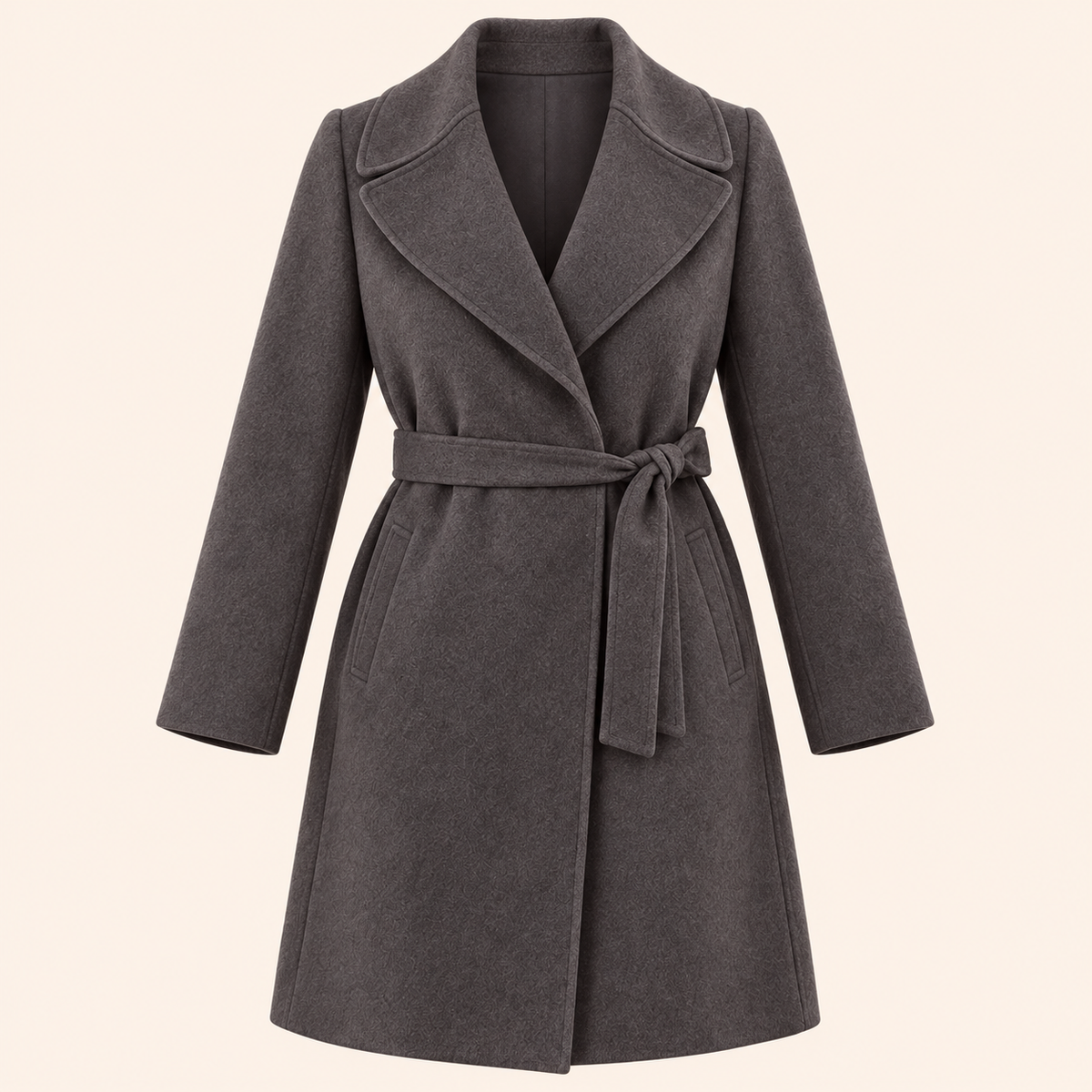 Marina Rinaldi NORA short coat in charcoal grey wool-blend fabric, with wide lapels and a self-tie waist belt.