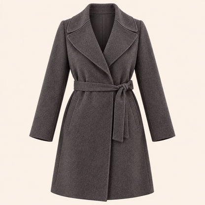Marina Rinaldi NORA short coat in charcoal grey wool-blend fabric, with wide lapels and a self-tie waist belt.