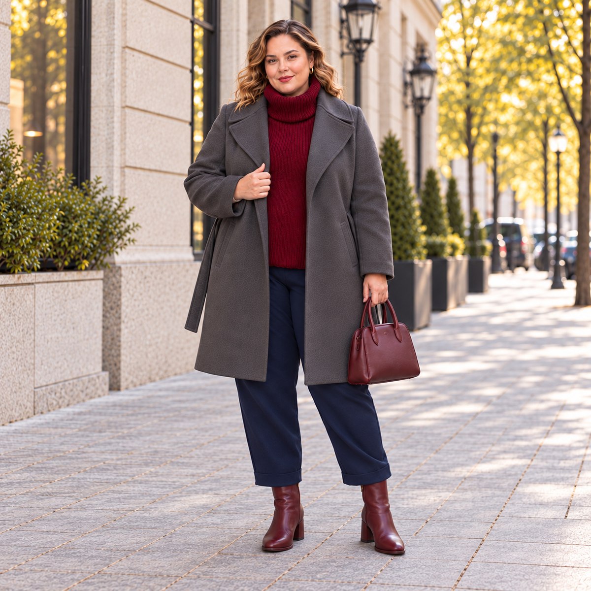 A woman stands on a city sidewalk wearing a long charcoal gray coat over a burgundy turtleneck sweater, navy blue pants, and brown ankle boots, while holding a burgundy handbag.