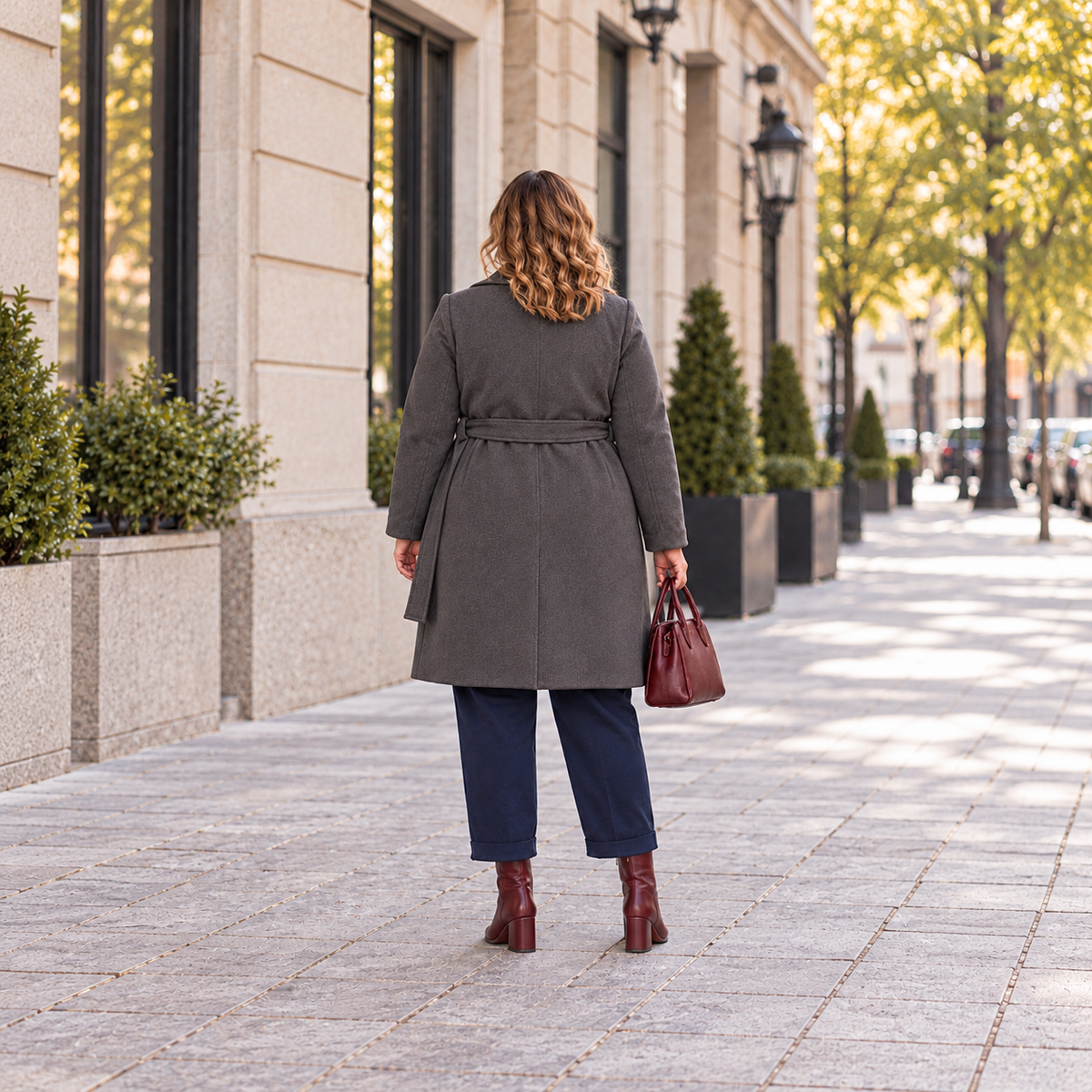 A woman viewed from behind walking on a city sidewalk, wearing a dark gray belted coat, navy wide-leg pants, burgundy ankle boots, and carrying a burgundy handbag.