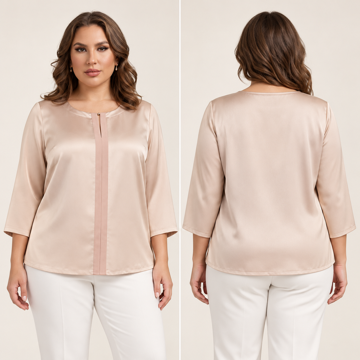 Marina Rinaldi BRERA Occasion Blouse in pale blush satin with a clean front fastening and three-quarter sleeves