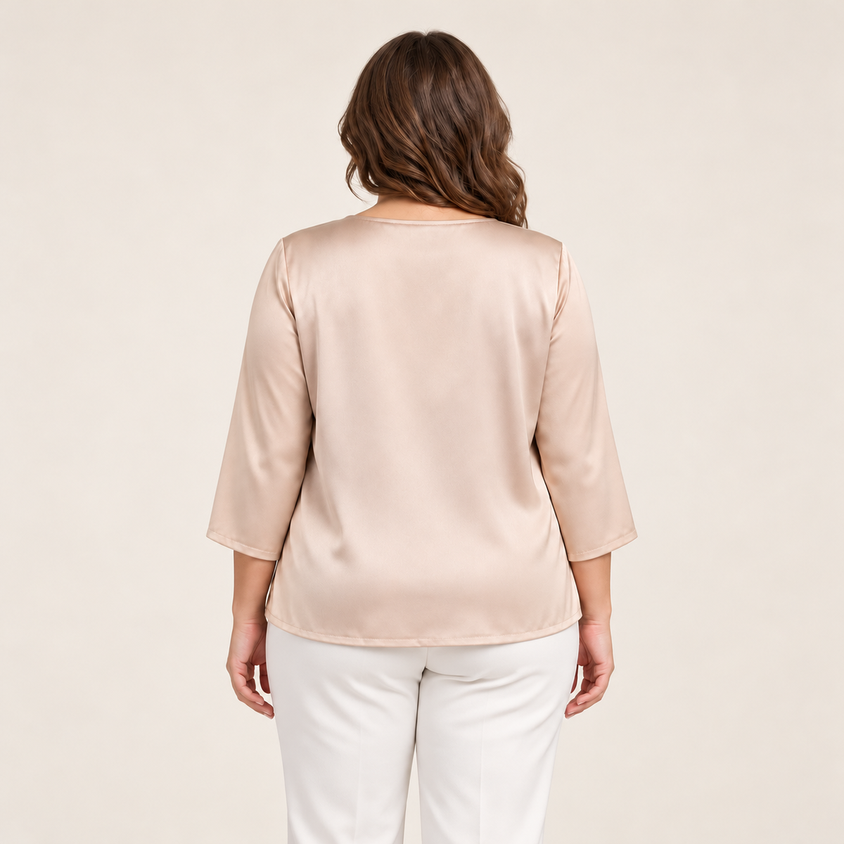 Marina Rinaldi BRERA Occasion Blouse in pale blush with a smooth, plain finish and three-quarter sleeves, shown from the back.