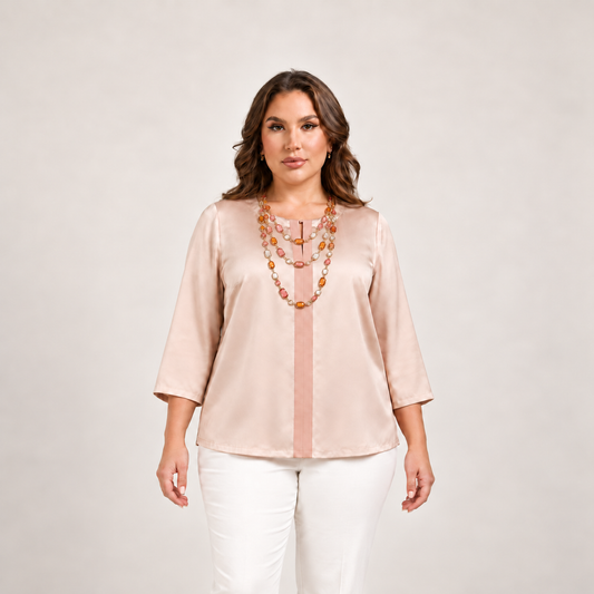 Marina Rinaldi BRERA Occasion Blouse in pale blush with a smooth sheen, featuring pink front trim and three-quarter sleeves.