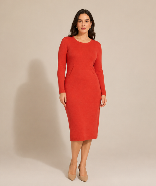 Marina Rinaldi coral red wool and silk knit sheath dress with long sleeves and fully fashioned shaping panels.