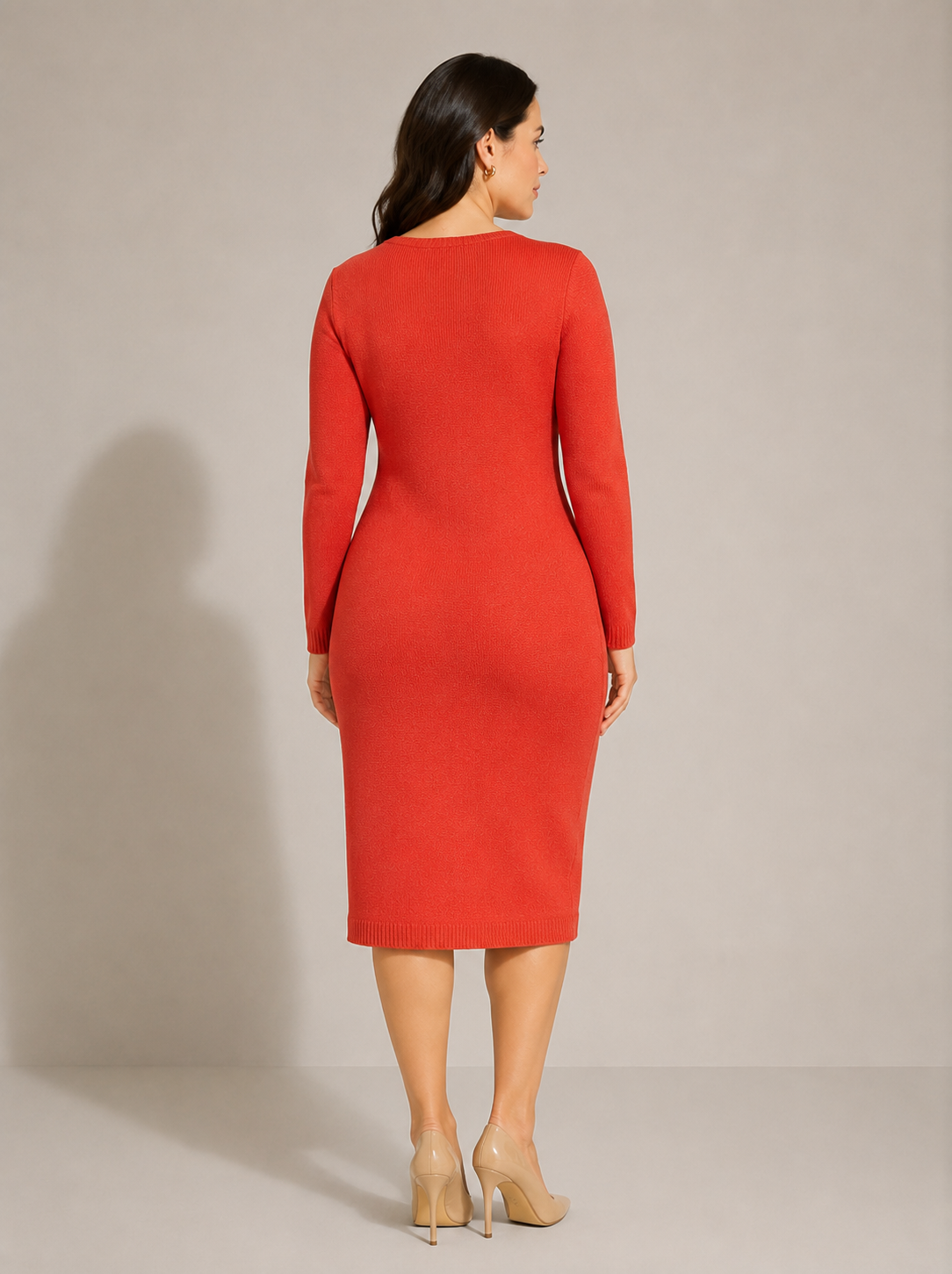 Long sleeve wool coral dress GALENA on mannequin