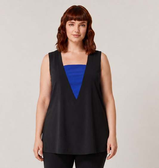FORMA sleeveless top with square neckline and contrast inserts in lightweight polyester for a modern silhouette
