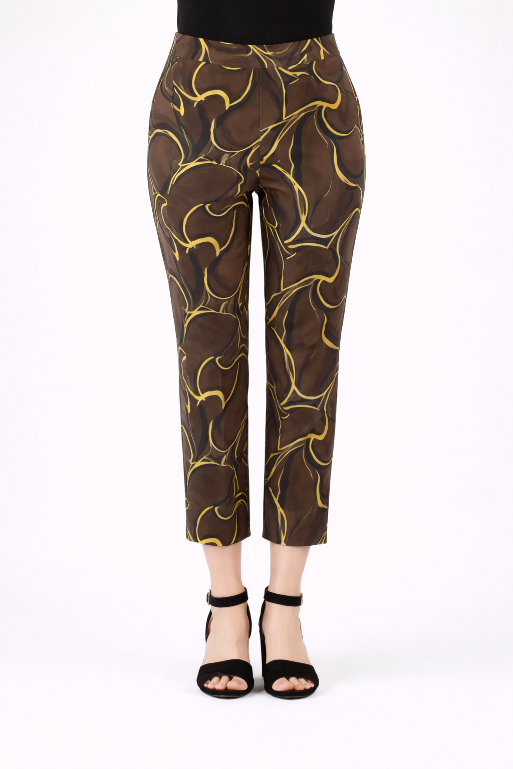 BROMMO printed trousers in brown and gold abstract print with cropped tapered fit and cotton stretch fabric